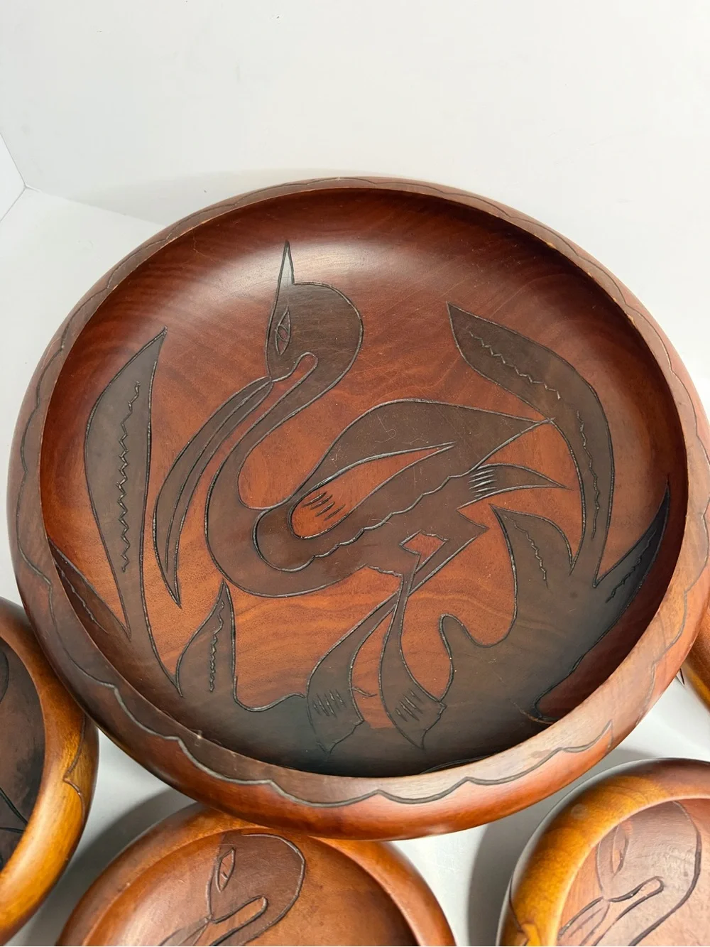 Mid-Century Modern 5-Piece Hand-Carved Mahogany Serving Set Salad Stunning Vtg